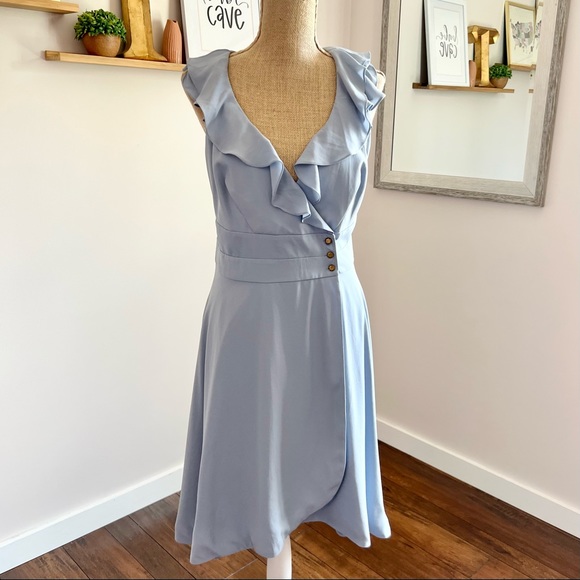 🏷SOLD Anthropologie Dusty Blue Ruffle Wrap Dress - Picture 3 of 12
